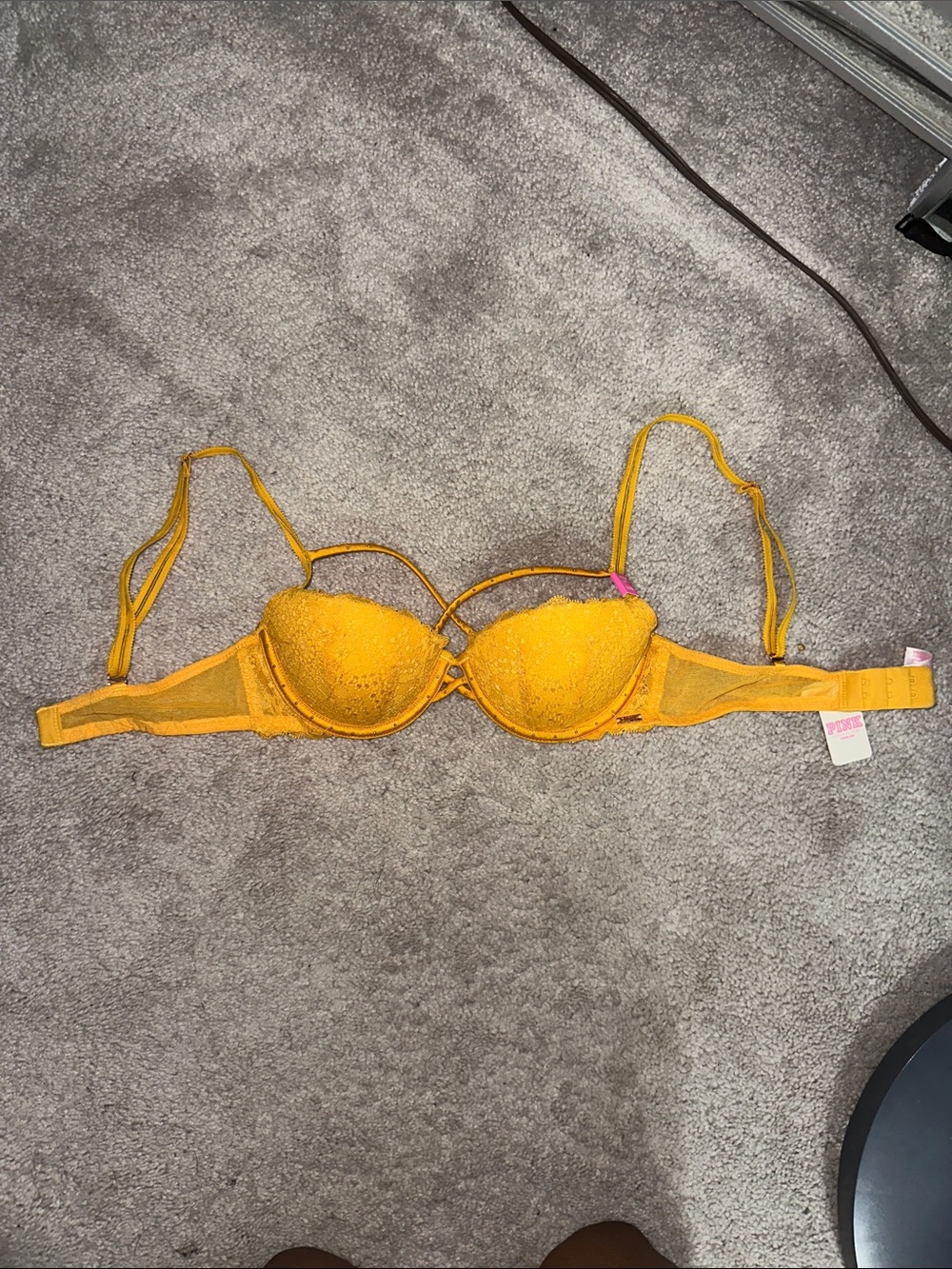 PINK Victoria's Secret Yellow Lace Push-Up Bra with Mesh Sides